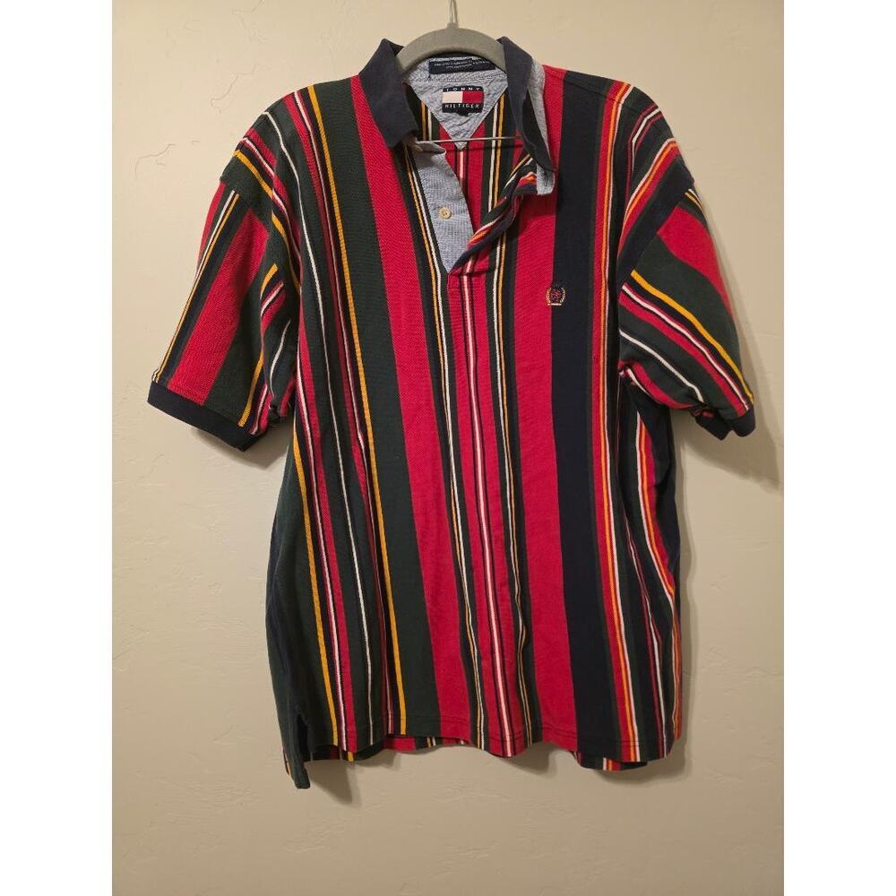 Vintage Tommy Hilfiger 90s Striped Polo Shirt Large Red Green Rugby Style